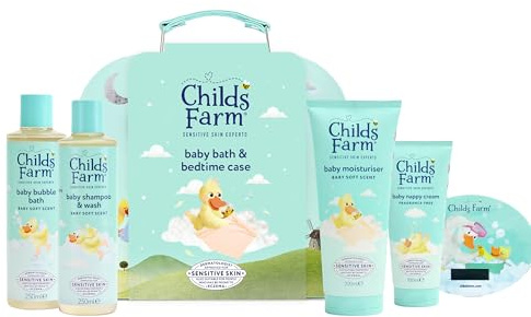 Childs Farm Baby Suitcase Gift | Baby Bubble Bath (250ml), Shampoo & Body Wash (250ml), Moisturiser (200ml) & Nappy Cream (100ml) | Suitable for Newborns with Sensitive, Dry, Itchy Skin