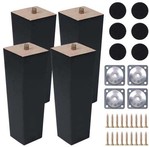 COEWUR 4 Pezzi Piedini per Mobili in Legno 25cm Nero Quadrate Gambe per Mobili con Piastra di Montaggio Viti Pad Antiscivolo Piedini di Ricambio per Armadio Divano Letto Mobile TV