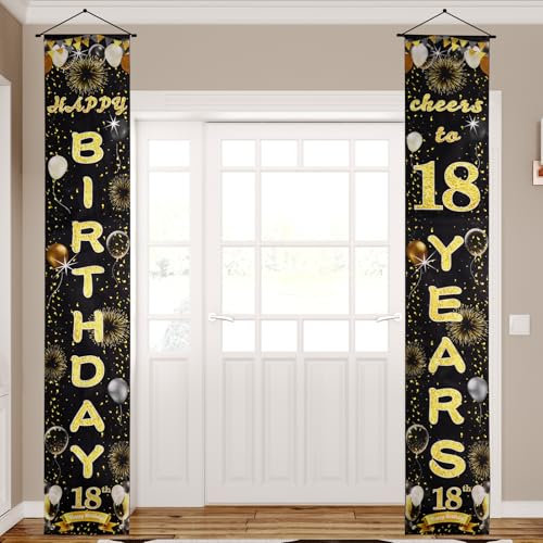 ANOMM Pancarta Feliz Cumpleaños 18 Anos para Puerta, Negro y Dorado Happy Birthday Decoracion, Telón de Fondo para Fiestas, Decoration de Mesa para Jardín al Aire Libre para Hombre y Mujer (180x30cm)