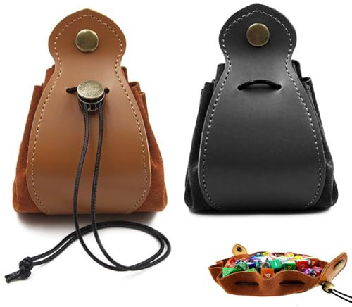 NHQZ Borsa regalo universale - Vassoio vuoto con coulisse e bottone Borsa porta dadi in pelle per dadi d&d Moneta gioielli e piccoli accessori，Nero e Marrone