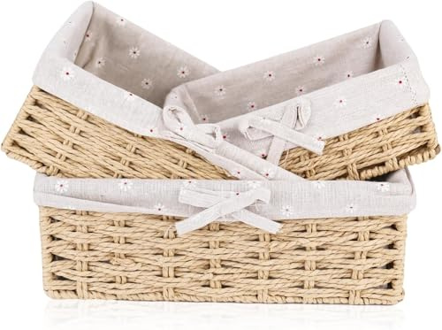 Set di 3 cestini per il pane con inserto in cotone | Cestini rettangolari in erba marina | Cestino intrecciato | Cestino portaoggetti in robusto base in metallo | Cestino per pane Scandi Style |