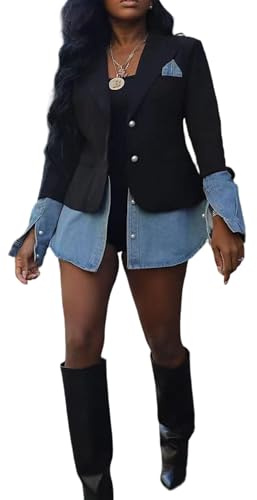 DINGANG Blazer Denim Jacket for Women Office Casual Long Sleeve Open Front Patchwork Jackets Coat