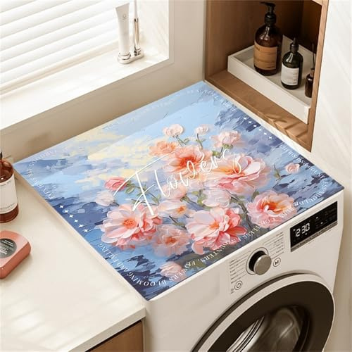 Highdi Housse de Protection pour Machine à Laver Top, Peinture à l'huile de Fleurs Coussin de Machine à Laver Antidérapant, Tapis de Protection pour Dessus Sèche-Linge Buanderie (Bleu 3,60x60cm)
