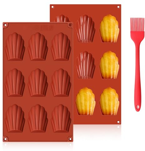 Générique Moule Madeleine Silicone en Forme de Coquille 2 Pièces, 9 Cavités Antiadhésifs Moule à Madeleine avec Brosse en Silicone pour Madeleine, Biscuits, Chocolat, Bonbons, Pudding