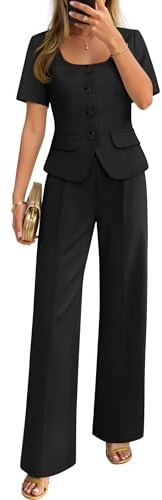 ZESICA Women's Summer Two Pieces Suits Set 2026 Short Sleeve Blazer Wide Leg Pants Business Casual Outfits Sets,Black,X-Large