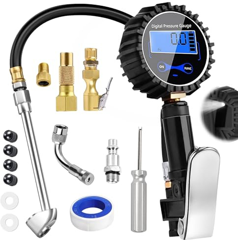 Set di Gonfiatore Pneumatici Digitale con Misuratore di Pressione, Gonfiatore Digitale da 3~200 PSI con Manometro, Misuratore Digitale di Pressione degli Pneumatici con Bocchetta e Accessori per