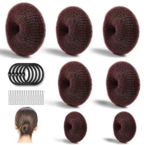 MORGLES 4 Sizes Hair Doughnuts for Buns 7pcs for Women Styling, Dark Brown | Nylon Mesh, Soft & Durable Hair Bun Maker with 5pcs Elastic Bands, 20pcs Hair Pins for Daily, Gym, Parties, Weddings