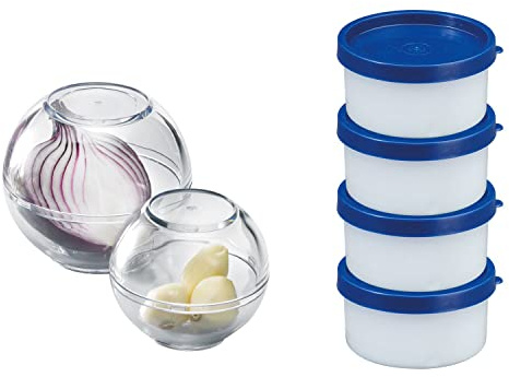Westmark Set 6-tlg.: 2 Frischhaltekugeln ø 7cm/ø 9cm + 4 Kräuterdosen je 100 ml, stapelbar, Kunststoff, BPA-frei, Blau/Transparent, 257222E6