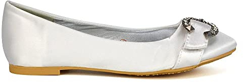 ESSEX GLAM Womens Flat Bridal Shoes Satin Round Toe Ballet Pumps Ladies Diamante Wedding Dress Slip On Size 3-8
