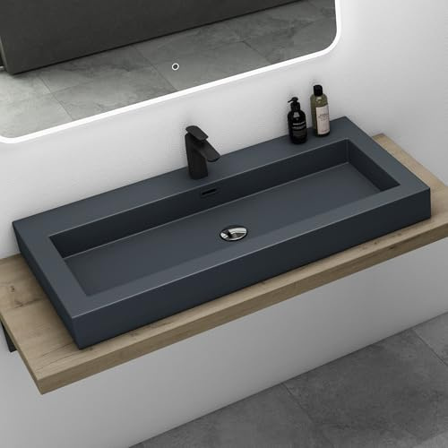 Mai & Mai Waschbecken Hängewaschtisch Aufsatzwaschbecken Mineralguss Anthrazit matt 1 Armaturenloch rechteckig Breite: 100 cm Col18