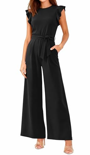 BTFBM Jumpsuits For Women 2026 Crew Neck Dressy Cap Sleeve Belted High Waist Wide Leg Romper One Piece Casual Outfits Pockets(Black, Medium)