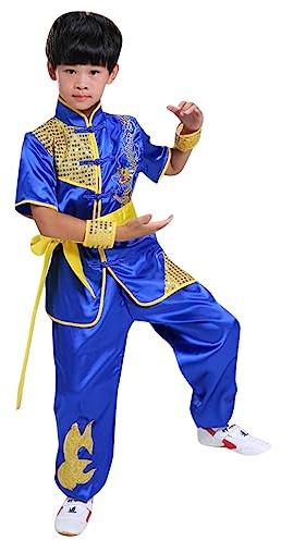 Boys Girls Kung Fu Master Tai Chi Dragon Chinese Uniform Top Shirt Pants Set Outfit (Blue, 5-6 Years)