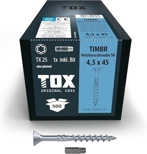 TOX Viti per costruzioni in legno TIMBR SK 4,5 x 45 mm, testa svasata, TX25 per un facile avvitamento e montaggio a filo nelle costruzioni in legno, 500 pezzi in scatola, incl. 1x punta, 112040414545