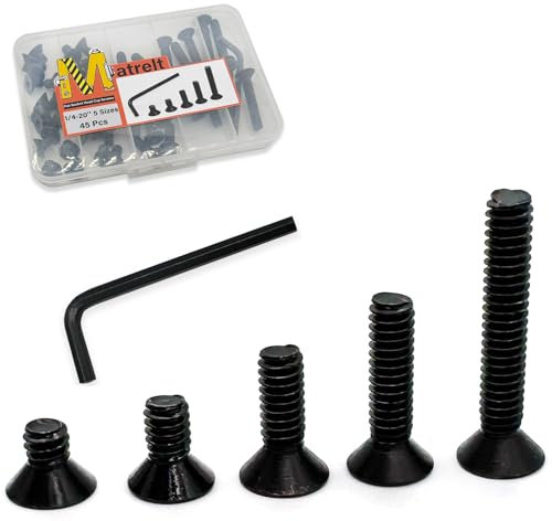 45pcs 1/4-20 5 Sizes Countersunk Head Flat Socket Head Cap Screws Assortment Kit with Allen Keys, Black Grade 10.9 Carbon Steel Socket Cap Bolts Flat Countersunk Head Machine Screws