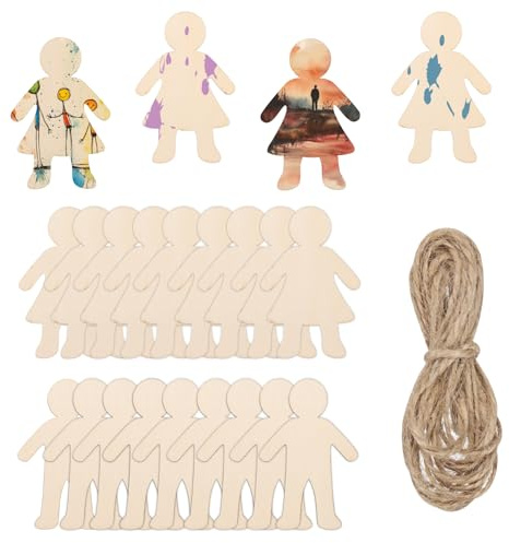 PATIKIL 4 Height Natural Wooden People Cutouts, 32Pcs Blank Female Male Shapes Unfinished Wood Hanging Ornaments & 6.6FT Jute Twine for DIY Crafts