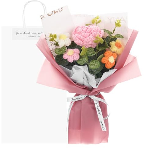 M METERXITY Crochet Flowers Bouquet, Handmade Knitted Bouquets Artificial Rose with Gift Bag for DIY Home Decor/Birthday/Wedding/Valentine's Day [Pink]