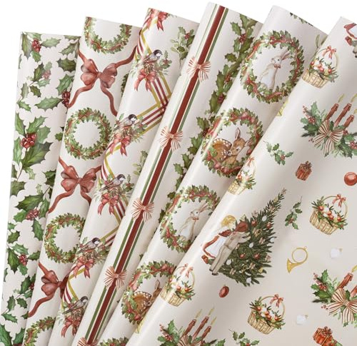 RUSPEPA Carta Da Regalo Natalizia Fogli, Babbo Natale Vintage, Animali Del Bosco, Agrifoglio, Design Con Ghirlanda E Fiocco, Carta Da Regalo In Carta Kraft Per Natale, Feste, 6 Fogli Piegati, 50X70 Cm