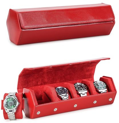 Hiram Hexagon Watch Box Genuine Saffiano Leather Watch Case for 4 Watches, Leather 4-Slot Watches Protective Storage Case Watch Display Organizer for Men (Red)