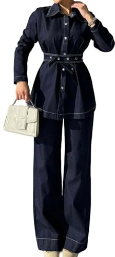 Completo da Donna in due pezzi elegante casual e formale per l'ufficio composto da camicia in denim a maniche lunghe con vita alta e jeans larghi a vita alta primavera e autunno (Blu scuro,S)