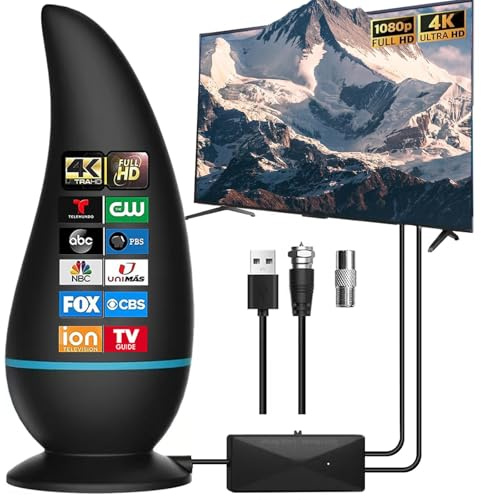 Indoor TV Aerial - Freeview Antenna with Signal Booster, Magnetic Base, Portable Design for 4K/1080P HD Channels