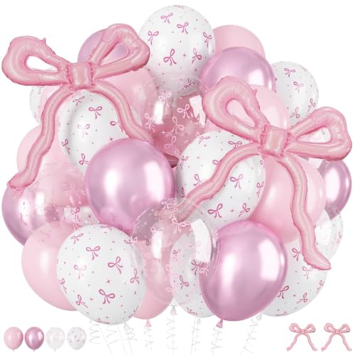 Froova Pink Bow Balloons, 12Inch Pastel Light Pink and Bow Print Balloon | with Large Pink Bows Foil Balloon for Girls Coquette Birthday Bridal Baby Shower Bachelorette Wedding Party Decorations