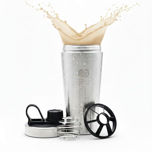 FitnessZone Shaker Proteínas Acero Inoxidable - Mezclador De Proteínas Con Cierre Hermético, Filtro Desmontable, Gancho De Transporte, Sin Olores, Libre BPA, Fácil Lavado
