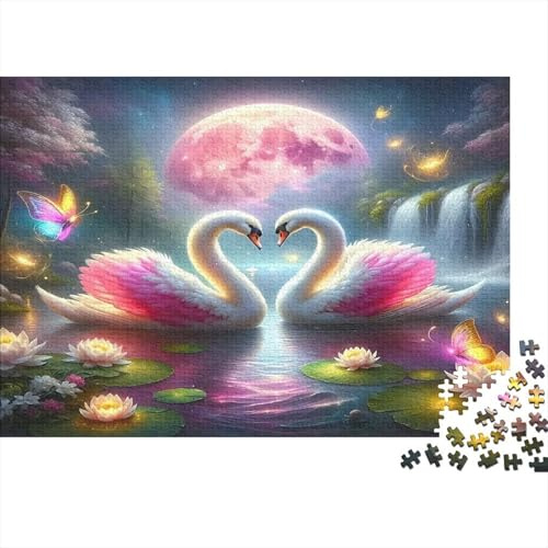 Rompecabezas 1000 Piezas Cisne, Cartón 100% Reciclado, Cisnes bajo Luna Rosa, Desafiante, Encastre Preciso, Desconexión Digital, Pasatiempo, 38x26cm