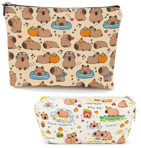 FuYelng 2 Pièces Capybara Trousse Toilette Femme Portable avec Doublure | Trousse de Maquillage Pochette Tissu Fille Cosmétique Voyage, pour Trajets Quotidiens Bijoux Câbles Recharge Cadeaux
