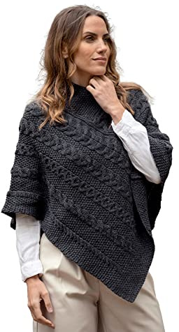 Aran Crafts Women's Irish Soft Cable Knitted Wool Poncho Cape (SH4272-M/L-CHAR) Charcoal