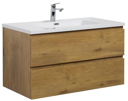 Badplaats B.V. Badezimmer Badmöbel Set Angela 90cm - Eiche - Unterschrank Schrank Waschbecken Waschtisch