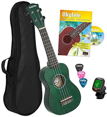 CASCHA Sopran Ukulele Set Englisch für Kinder und Erwachsene I Ukulele Starter Kit mit 3 Plektren Tasche Lehrbuch mit DVD Stimmgerät I Ukulele Set Aquila Saiten Nylon I Kleine Hawaii Gitarre I Grün