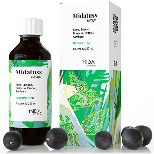 MIDATUSS Sciroppo | Sciroppo di Propoli e Sambuco per Tosse secca e grassa, Raffreddore e Mal di Gola | Con Aggiunta di Vitamine, Altea, Erismo e Grindelia | Flacone da 200ml