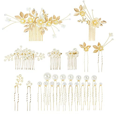 Cinaci 27 Stück glitzernde goldfarbene Strass-Perlen Blatt Blume Braut Metall Seitenkämme + U-förmige Haarnadeln Clips Haarspangen Kopfschmuck Hochzeit Haarschmuck für Frauen Braut Brautjungfern