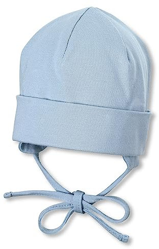 Sterntaler OCS Beanie Baby Mütze mit Ohrenklappen & Bindeband, Bio-Baumwolle, Singlejersey, Unisex, Größe 37, graublau, Mütze mit Umschlag, GOTS-zertifiziert