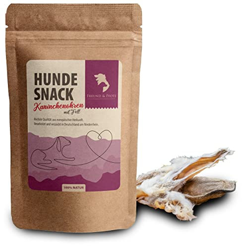 Freund & Pfote Kaninchenohren mit Fell | getrocknet | Kauartikel für Hunde - ohne Zusatzstoffe | 100% rein & natürlich | plastikfrei verpackt (100 Gramm)