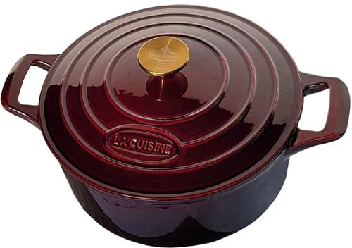 La Cuisine Gusseisen topf 26cm 4.75 L Bräter/Cocotte Auflaufform Kasserollen Brot Backen Dunkles Interieur backofengeeignet Induktion Vergoldeter SS-Deckelgriff Cranberry