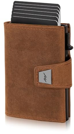 Marc Peter Dublin Buff Leder Bräune Push Slim Wallet - Geldbörse mit Münzfach - RFID Schutz kleines Mini Portmonee - dünnes schmales Kartenetui - Inklusive Geschenkbox