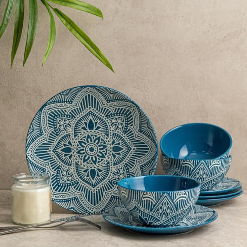 Bzyoo 12-Piece Ceramic Dinnerware Set: La La Mandala Blue Dish Set Design for Every Occasion - Microwave & Dishwasher Safe Stackable Plates Bowls