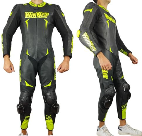 WinNet Tuta per moto in pelle intera monopezzo 1 pezzo racing pista con saponette e gobba (M)