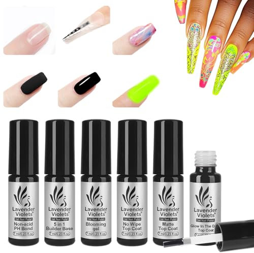 Blooming Gel Nail Polish 6 Pcs Set with Non-acid PH Bond,Glow in the Dark Top Coat and Base Coat Builder Gel for Nails,No Wipe Matte Top for Acrylic Powder Halloween Special C201