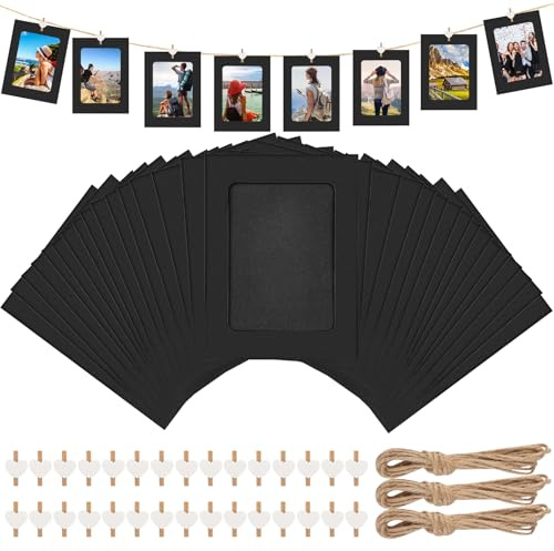 AILUYA 30 Pièces Cadre Photo Carton, 11 X 15cm Cartonnage Photo Noir avec 30 Pinces en Bois et Corde de Chanvre, Cadres Photo en Papier Kraft pour Anniversaire/Mariage/Anniversaire DIY