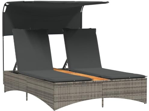 vidaXL Doppel Sonnenliege, Gartenliege mit Dach Auflagen, Doppelliege für Außenbereich, Relaxliege Sonnenbett Gartenmöbel, Grau Poly Rattan