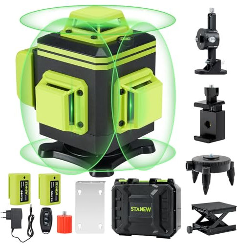 Niveau laser 4 x 360° STANEW,Autonivelant Niveau Laser Vert 4D 16 Line Ligne Laser Verte Horizontal et Verticale avec Télécommande Intégrée