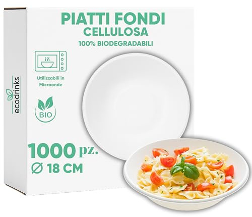 marketcaffe Set di 1000 Piatti Fondi in Polpa di Cellulosa Biodegradabili e Compostabili - Eco-Friendly e Resistenti, Ideali per Eventi e Feste, 100% Biodegradabili - 18 CM