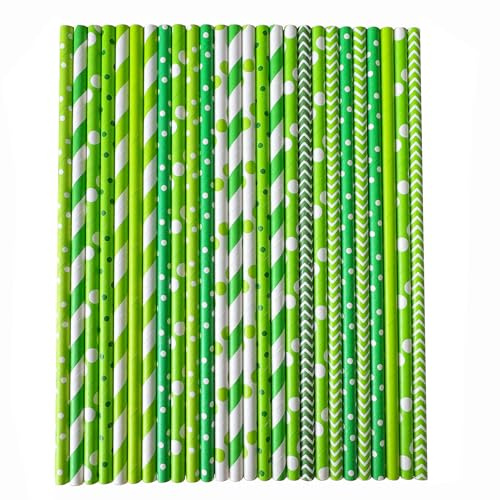 YAOSHENG [100 Count] Paper Drinking Straws 100% Biodegradable Multi-Pattern Party Straws for Birthday, Wedding, Bridal (Bright Green Series)