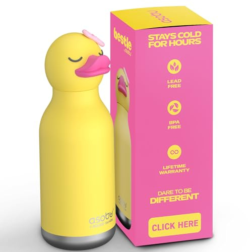 ASOBU Bestie Kindertrinkflasche mit Strohhalm – Isolierte Edelstahlflasche 420ml mit Entenkopf – Auslaufsicher & BPA-frei