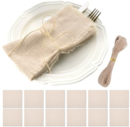 Lotvic 12 Piezas Servilletas de Tela, 42 X 42cm Servilletas de Lino, Reutilizables Versátiles Servilletas Cuadradas para Decoración de Mesa, Boda, Cena, Beige (Caqui)