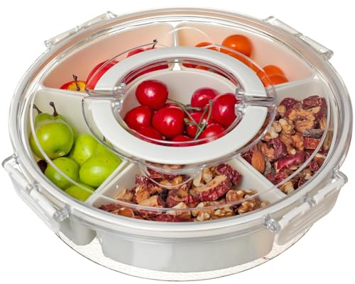 Cozary Caja para snacks Snack Box con 6 Compartimentos para Frutas, 360° Giratoria Refrigerios, Nueces con Compartimentos y Tapa Para Picnic Cocina Snacks Frutas