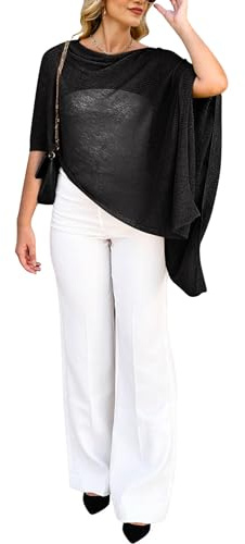 Bsubseach Poncho de punto transparente para cubrir el traje de baño, sin botones, con hombros descubiertos, para mujer, suéter ligero | Poncho suéter, trajes para salir, brillante, ligero, Y2K, capa, lentejuelas, chal, ropa de fiesta, hombros descubiertos