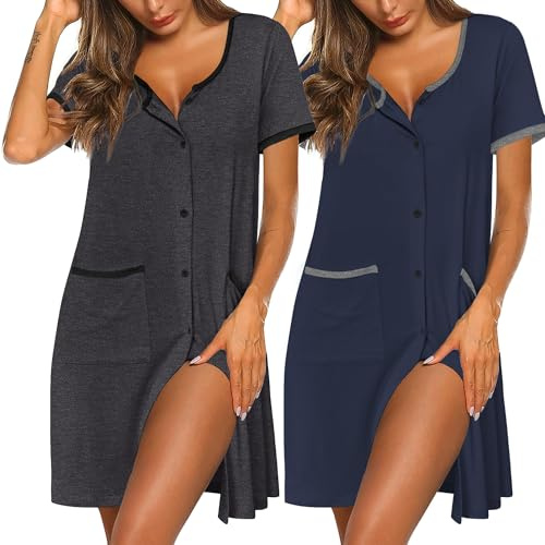 Ekouaer Womens Nightdress Button Up Nightie Short Sleeve Nightshirts Knee Length Nightdresses Nightwear, Grey + Navy, L